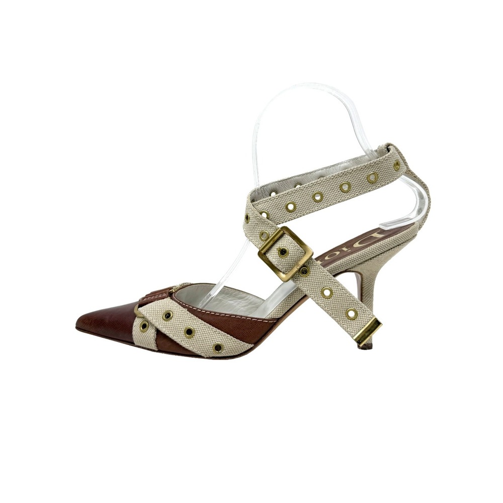 Vintage Dior Galliano Slingback Heels Y2K Brown Canvas‎ Pointed Pumps 38.5